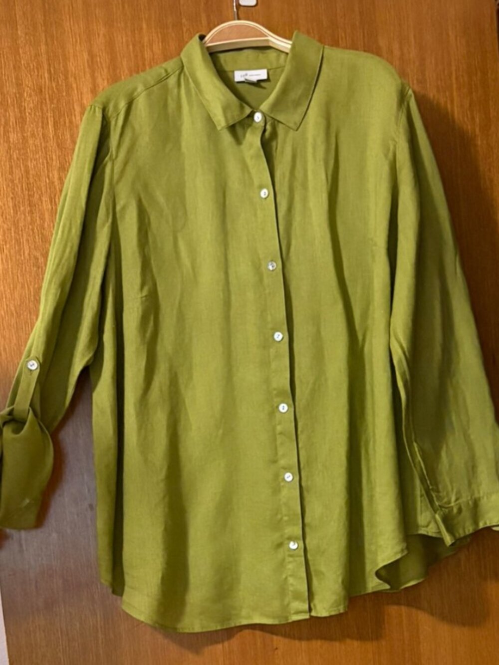 J JILL Love Linen Shirt Olive Green SIze XL Long Sleeve w Tabs